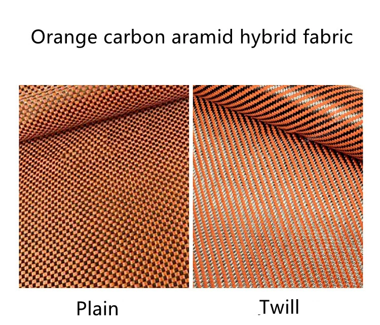 China Factory Orange 3K 1500d 200GSM Colored Carbon Kevlar Aramid Plain Twill Jacquard Kevlar-Carbon Hybrid Fabric